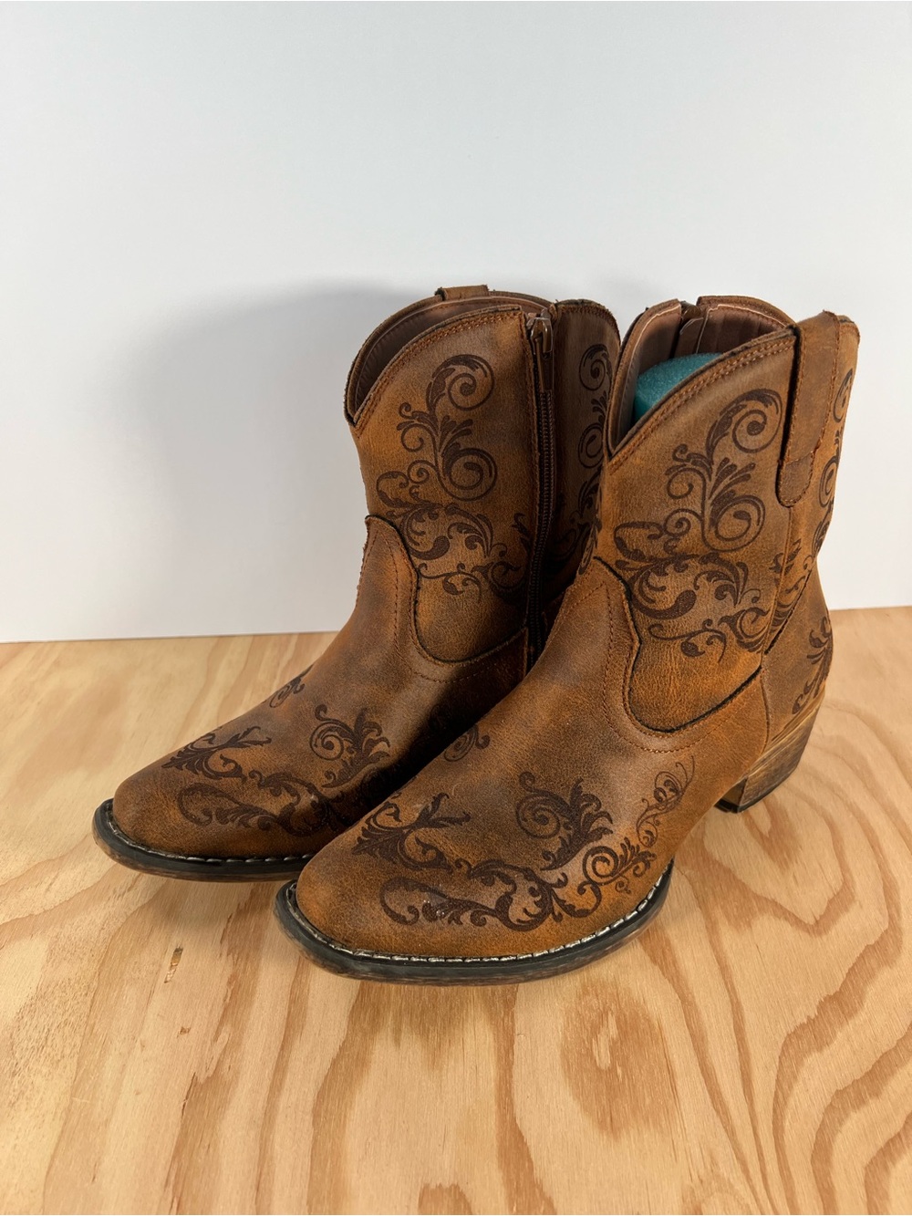 Roper Short Stuff Women’s 8 Western Boots Vintage Tan Scroll Embroidered Zip SF